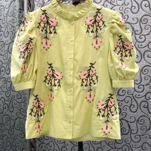 Pink Floral Embroidery Bubble Sleeve Shirt Women's Original Design Straight Cut Long Sleeve Button up Shirt Floral Print Shirt - AliExpress Shirts & Blouses