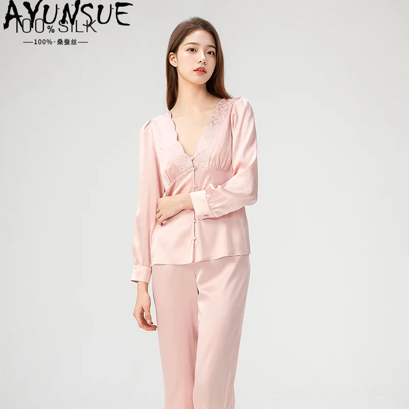AYUNSUE 100% Silk Women's Pajamas Light Luxury Pajama Sets Long Sleeve Top Long Pants Womens Matching Sets Spring Пижама Женская - AliExpress Women's Sleep & Lounge