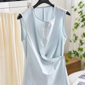 Supima Cotton Lightweight Wrinkle-Resistant Blue Shirt Style Vest Buttoned Asymmetrical Design Thin Summer Season Women's Shirt - AliExpress Shirts & Blouses
