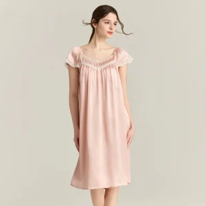 French Court Style 100% Natural Silk Woman Nightgowns Chest Bra Padded Nightdress Lace Trim Sleepwear Lingerie Midi Sleepshirts - AliExpress Women's Sleep & Lounge