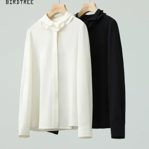 BirdTree-93% Silk 7% Spandex Elegant Shirt, Ruffled Solid, Women Temperament Fashion Commute Blouse, 2026 Spring New T62901CC - AliExpress Shirts & Blouses