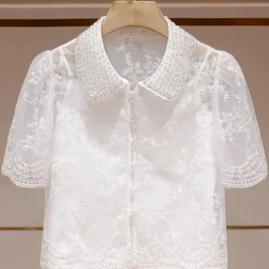 Short Bubble Sleeve  Shirt Women's Summer New Style Two-Piece Set White Pearl Embroidery Slim Fit Breathable Casual Shirt - AliExpress Shirts & Blouses