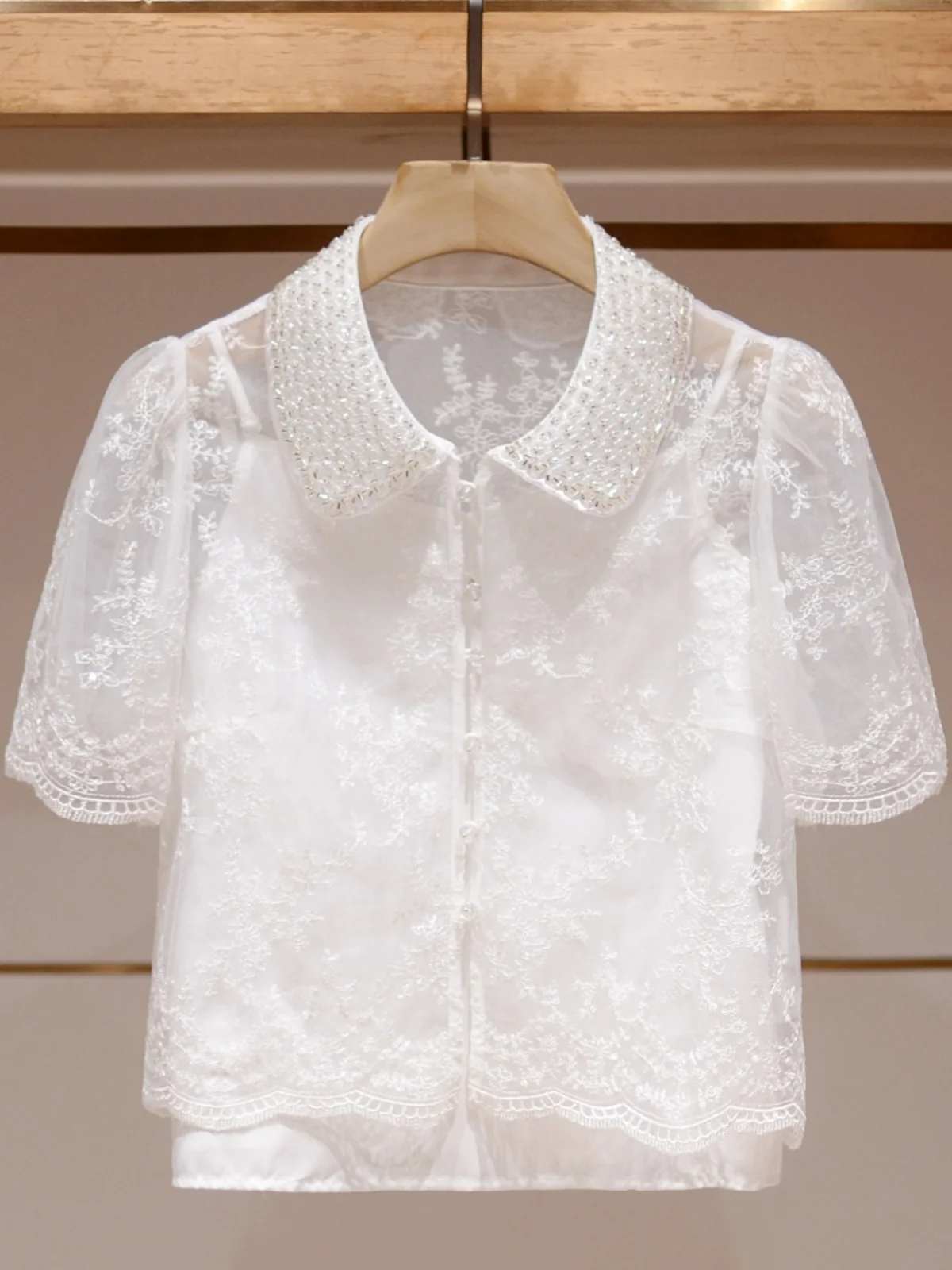 Short Bubble Sleeve Shirt Women's Summer New Style Two-Piece Set White Pearl Embroidery Slim Fit Breathable Casual Shirt - AliExpress Shirts & Blouses
