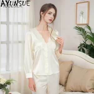 AYUNSUE 19Mm 100% Mulberry Silk Pajamas for Women Clothes Summer Sleepwear Casual Pants Long Sleeve Tops Two-piece Pajamas Set - AliExpress Women's Sleep & Lounge