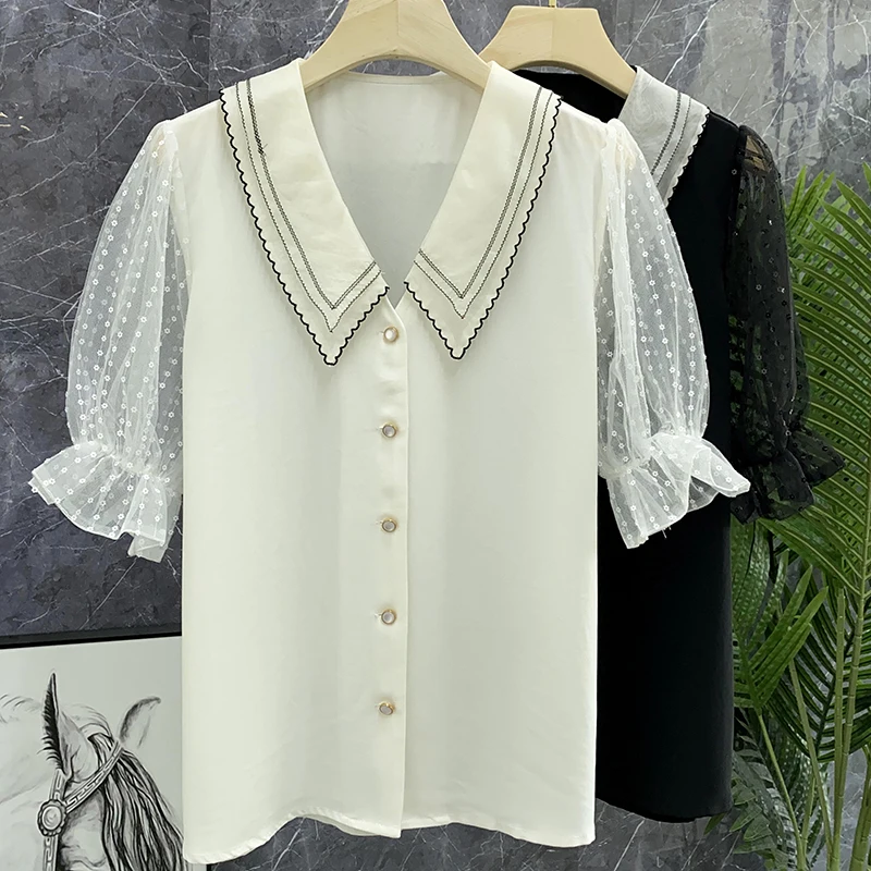 Anti-Wrinkle Acetate Satin Bubble Sve Embroidered Doll Collar irt Comfortable to Wear Youthful Looking Summer Women's Bl... - AliExpress Shirts & Blouses