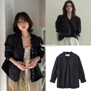 Viaplain Vintage Plaid Shirt Women's Spring Summer New Style Ruffle Hem Pleated Slimming Cotton Korean Style Office Wear - AliExpress Shirts & Blouses