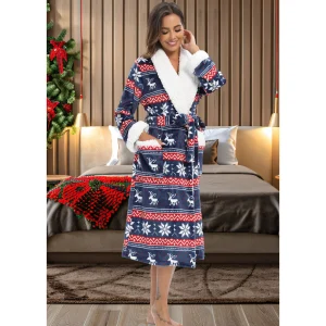 Christmas Pattern Women Bath Robe Sherpa Lapel Long Sleeve Belted Housecoat With Pockets Warm Winter Ladies Holiday Night Robe - AliExpress Women's Sleep & Lounge