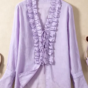 Loose Long Sleeve V-Neck Shirt Women's Korean Style Cotton Linen Blend Bell Sleeve Open Cardigan Design Sensation Blouse - AliExpress Shirts & Blouses
