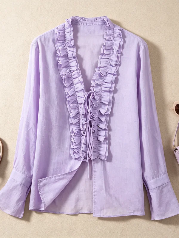 Loose Long Sleeve V-Neck Shirt Women's Korean Style Cotton Linen Blend Bell Sleeve Open Cardigan Design Sensation Blouse - AliExpress Shirts & Blouses