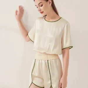 Heavy Mulberry Silk Short Sleeve Shorts 2-Piece Pajama Set Contrast Color Round Neck Women's Leisure Sleepwear PJ Summer Pajamas - AliExpress Women's Sleep & Lounge
