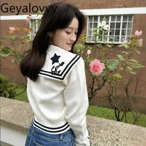 Japanese Style Women's Knitted Top Sweet Navy Collar College Color Block Pullover Sweater Thin Outerwear Long Sleeve Sweaters - AliExpress Sweaters&Jumpers