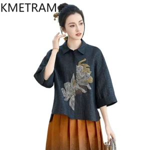 KMETRAM 100% Mulberry Silk Shirts for Women 2026 Summer Embroidered Crackle Texture Three Quarter Sleeve Shirts Roupas Femininas - AliExpress Shirts & Blouses