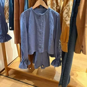 Blue Embroidered Long Sleeve Shirt Women's French Style Loose Fit Breathable Cotton Spring Summer Vintage Lace Knot Design - AliExpress Shirts & Blouses