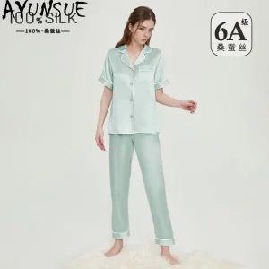 AYUNSUE 100% Silk Woman Pajama Sets Casual Pajamas for Women Short Sleeve Tops Long Pajama Pants Womens Matching Sets Женская - AliExpress Women's Sleep & Lounge