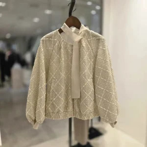 LingYao MIC26 Spring Heavyweight Lace Embroidery Sequin Beautiful Short Jacket Coat Sash Women's Business Casual Shirt - AliExpress Shirts & Blouses