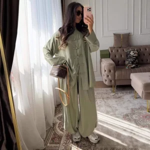 2026 Spring Women Casual Two Piece Outfit Long Sleeve Button Shirt High Waist Corset Trousers Set Elegant Loungewear Pajamas - AliExpress Women's Sleep & Lounge
