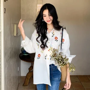 LAZYZ Vintage Creative Embroidered Floral Shirt Women's Spring 2026 New Fashion Top Loose Fit Long Sleeve Cotton Blend - AliExpress Shirts & Blouses
