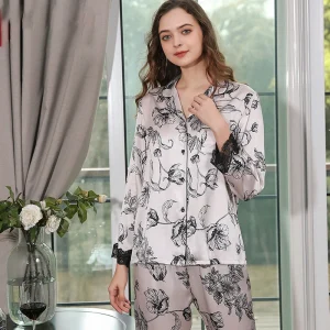 Winsleter-100%Real Silk Elegant Pajama Set, Long Sleeve Lace Patchwork, Women French Print Homewear, 2025 Autumn New S59901CC - AliExpress Women's Sleep & Lounge