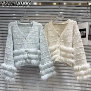 Autumn New Sweet Girl Gemstone Button Furry Patchwork Knitted Sweater Elegant V-neck Versatile Cardigan Coat for Women - AliExpress Sweaters&Jumpers