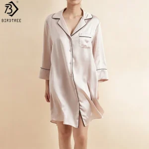 Birdtree, 19MM 100% Real Silk Nightgown, Lapel Neck Shirt Dress, Women French Style Pajama Homewear Dresses, 2026 New D66504JF - AliExpress Women's Sleep & Lounge
