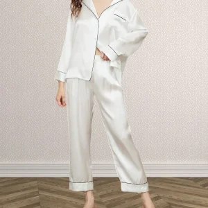 Heavyweight Silk Pajamas Set 22M 100% Mulberry Silk Nightwear Long Sleeve Trousers Two Piece Pajama Suit Button Down Loungewear - AliExpress Women's Sleep & Lounge