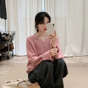 BRIVIN Korean Sle Woolen Pink Lazy V-ne Knitted Sweater Women's Spring 2026 New Soft High-ade Feeling Sweater - AliExpress Sweaters&Jumpers