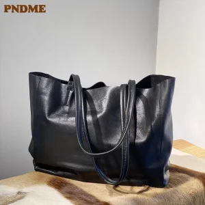 PNDME casual luxury soft genuine leather women's black tote bag weekend shopping real cowhide female large-capacity shoulder bag - AliExpress Women's Handbags