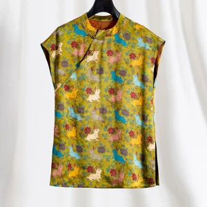 New Chinese Style Loose Fit Silk Shirt Women's Summer Casual Shirt Green Floral Print Button up Stand Collar Short Sleeve - AliExpress Shirts & Blouses