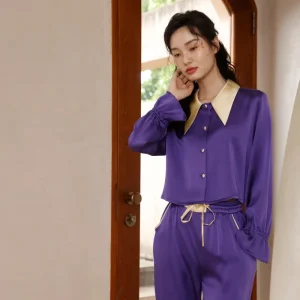 Luxury 19MM 100% Mulberry Silk Sleepwear For Women Contrast Color Point Collar Flared Cuff Long Sleeve Trousers Suit Loungewear - AliExpress Women's Sleep & Lounge