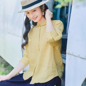 Yellow Linen Five-Quarter Sve irt Women's Casual Top Summer New Sle Red Nian Commuter Sle Slim Fit round Ne irt - AliExpress Shirts & Blouses