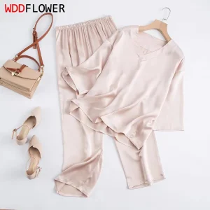 Women 100% Pure Mulberry Silk Charmeuse Silk V Neck Pajama Set Casual Loose Sleepwear Nightwear L XL SQ001 - AliExpress Women's Sleep & Lounge