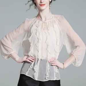 AYUNSUE 100% Natural Mulberry Silk Blouse Women Summer Clothes Elegant Womens Blouses Blue Top Two-piece Set New Блузка Женска - AliExpress Shirts & Blouses