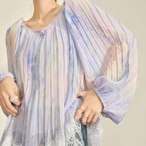 Unique Beautiful Purple Ombre Print Lace Splicing Long Sve Women's irt Flowing Era Breathable Comfortable Casual Top - AliExpress Shirts & Blouses