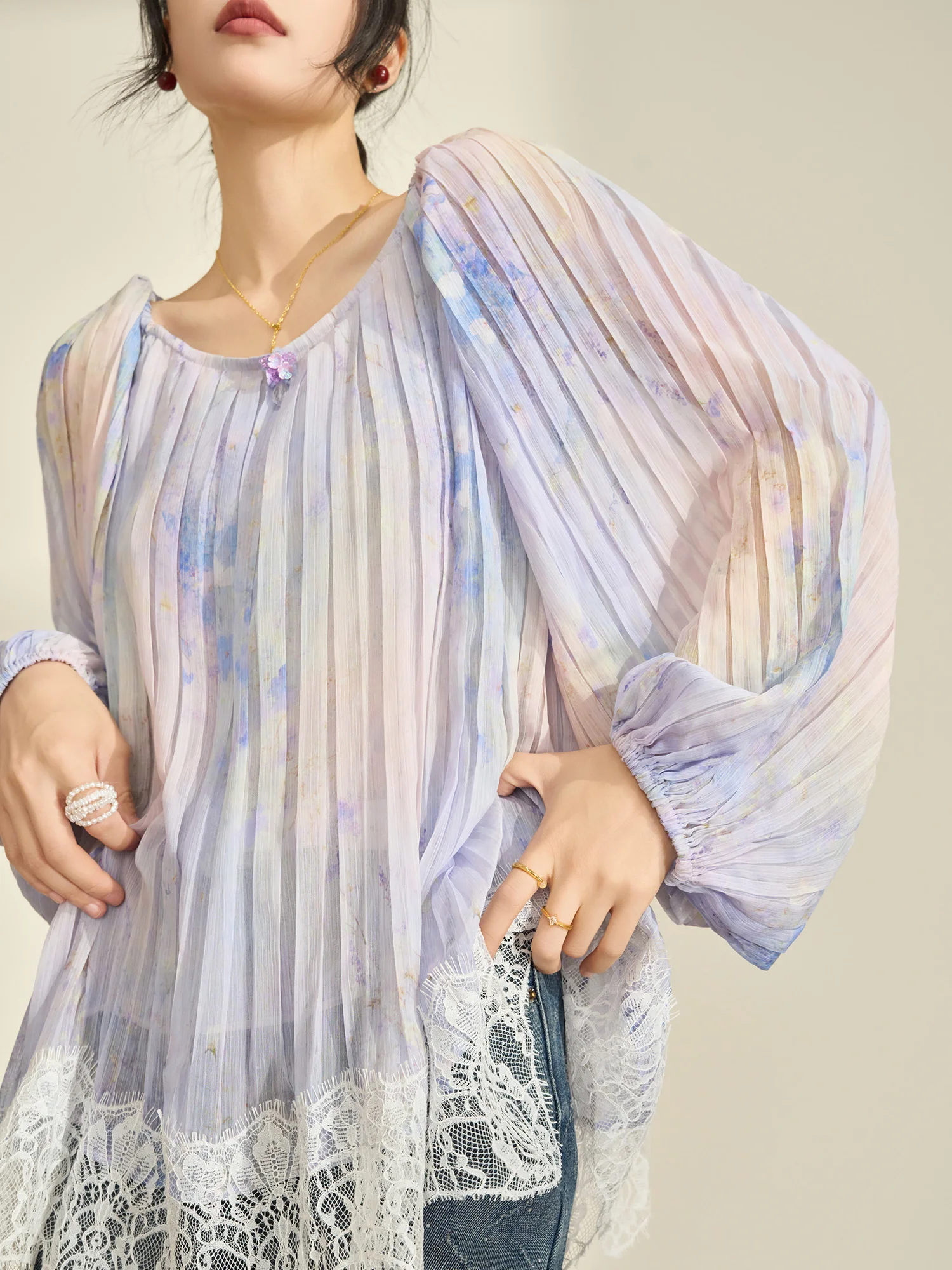 Unique Beautiful Purple Ombre Print Lace Splicing Long Sve Women's irt Flowing Era Breathable Comfortable Casual Top - AliExpress Shirts & Blouses