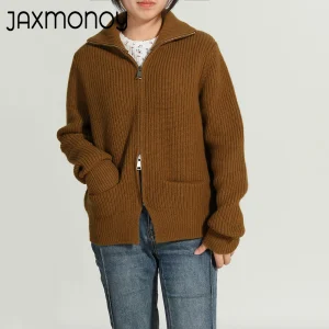 Jaxmonoy Women's Cardigan with Zipper Ladies Fashion Trun Down Collar Sweater Autumn Solid Color Knitted Tops Female New Arrival - AliExpress Sweaters&Jumpers