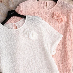 Silk Bubble Pleat Short Sleeve Women's Shirt Elegant Miniature Aesthetic  Silk Top round Neck Commute Style Pure Color - AliExpress Shirts & Blouses