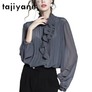 TAJIYANE 100% Mulberry Silk Blouse Woman Luxury Ruffled Ladies Tops Fashion Grey Blue Shirts New Spring Women Clothes 2026 블라우스 - AliExpress Shirts & Blouses