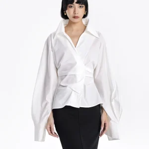 Original TINY in Stand Collar irt Casual Sle Slim Fit Six Sve Pure Color irt with Pleated Waist And Arc Sve - AliExpress Shirts & Blouses