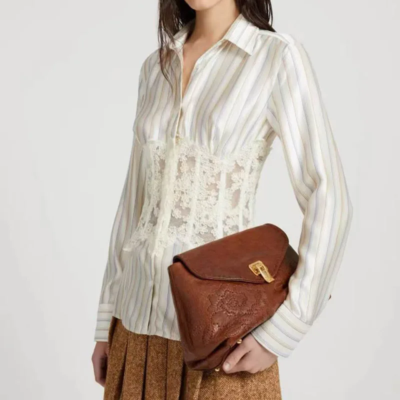Women's Lace-Panel Embroidered Striped Silk Blouse, Herringbone-Waisted Top, High-Quality Commuter Blouse, 2026, New Arrival, - AliExpress Shirts & Blouses