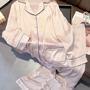 New solid color lotus root powder sleepwear long sleeved 100% mulberry silk home suit set - AliExpress Women's Sleep & Lounge