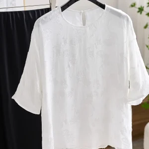 Elegant White Lotus Leaf Sleeve Silk Shirt Women's Summer Top Commute Style Regular Fit Thin Fabric Floral Embroidery Blouse - AliExpress Shirts & Blouses