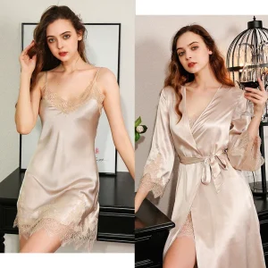 OEKO-TEX 100% Real Silk Robe Nightdress Set 2pcs Home Suit Luxury Lace Bed Wear Kimono Robes & Slip Nightgown Women's Nightwear - AliExpress Women's Sleep & Lounge