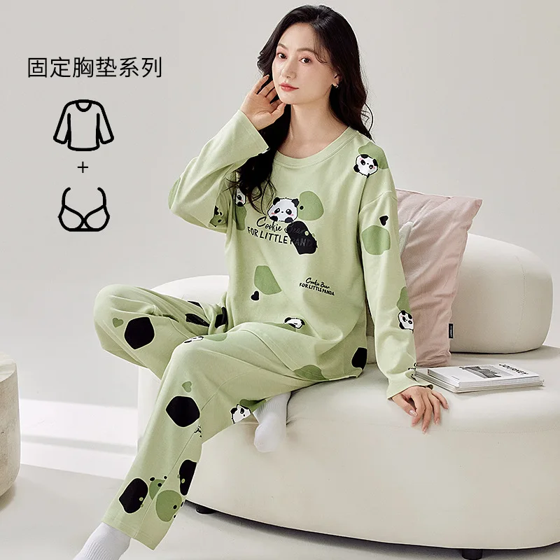 Women Spring Autumn Cartoon Sweet Pajamas Set with Bra Pad Fashion Long Sleeve Sleeping Top Pants Two Piece Set Big Size M-3XL - AliExpress Women's Sleep & Lounge