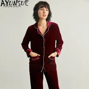 AYUNSUE 100% Real Mulberry Silk Pajamas Set Women Spring Summer 19mm Silk Velvet Long Sleeve Top Long Pants Women's Home Clothes - AliExpress Women's Sleep & Lounge