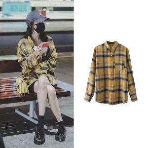 Yellow Plaid Loose Fit Women's Shirt Thin Sun Protection Outerwear Anti-Aging Fashionable Cotton Long Sleeve Button up Shirt - AliExpress Shirts & Blouses