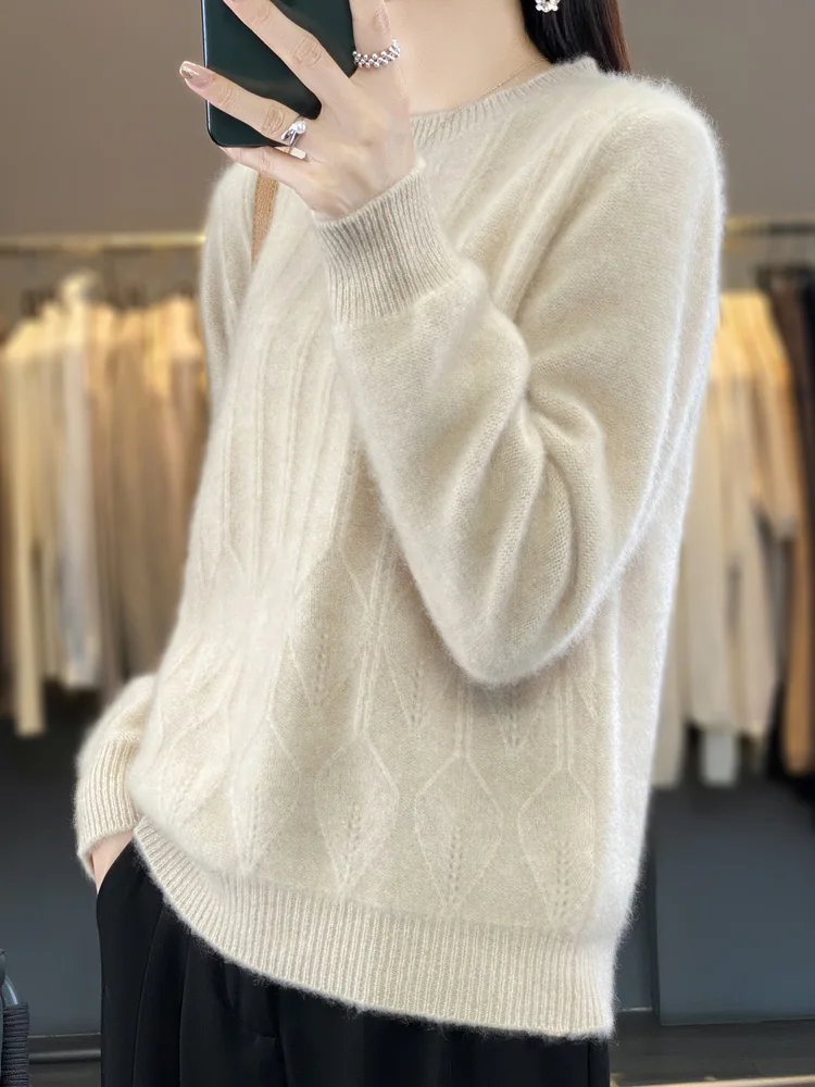 Autumn Winter 100% Merino Wool Knit Women's Sweater O-Neck Stripe Leaf Thickening Pullover Simple Style Comfortable Casual Tops - AliExpress Sweaters&Jumpers