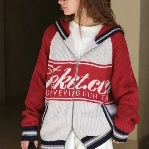 HanOrange 2026 Spring Autumn Street Retro Contrast Letter Hooded Knitted Sweater Women Warm Sweater Jacket Blue/Red - AliExpress Sweaters&Jumpers