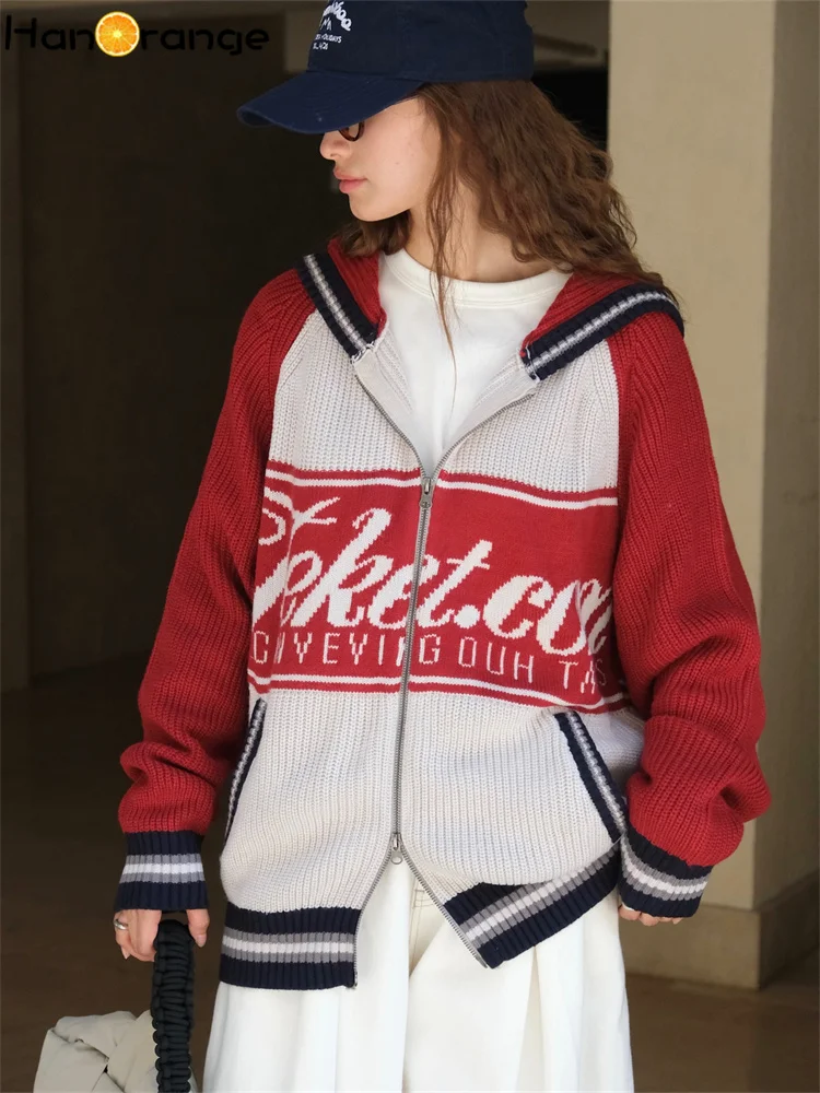 HanOrange 2026 Spring Autumn Street Retro Contrast Letter Hooded Knitted Sweater Women Warm Sweater Jacket Blue/Red - AliExpress Sweaters&Jumpers