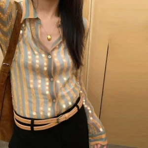 2025 New Style Handmade Sequins Women Shirt Turn Down Collar Striped Vintage Mulberry Silk Blouse - AliExpress Shirts & Blouses