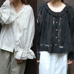 Retro Style Cotton Linen Embroidered Lace Collar Loose Shirt Lantern Sleeve Women's Fashion Autumn Winter New Arrival - AliExpress Shirts & Blouses